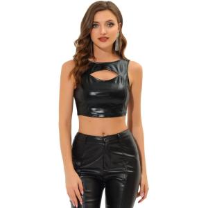 imageAllegra K Metallic Crop Top for Womens Sleeveless Cut Out Party Clubwear Holographic Tank TopsBlack