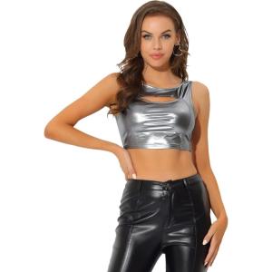 imageAllegra K Metallic Crop Top for Womens Sleeveless Cut Out Party Clubwear Holographic Tank TopsGrey