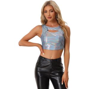 imageAllegra K Metallic Crop Top for Womens Sleeveless Cut Out Party Clubwear Holographic Tank TopsHolographic Blue