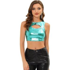 imageAllegra K Metallic Crop Top for Womens Sleeveless Cut Out Party Clubwear Holographic Tank TopsLake Green