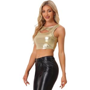 imageAllegra K Metallic Crop Top for Womens Sleeveless Cut Out Party Clubwear Holographic Tank TopsLight Gold