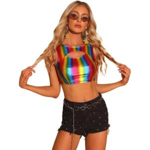 imageAllegra K Metallic Crop Top for Womens Sleeveless Cut Out Party Clubwear Holographic Tank TopsMulticolor