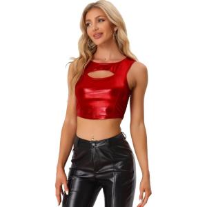 imageAllegra K Metallic Crop Top for Womens Sleeveless Cut Out Party Clubwear Holographic Tank TopsRed