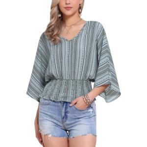 imageAllegra K Tops for Womens Summer Boho V Neck Print Chiffon Top Smocked Batwing Dolman Sleeve BlousesLight Gray Green