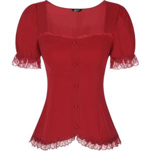 imageAllegra K Victorian Shirt for Womens Sweetheart Neck Puff Sleeve Halloween Lace Up Gothic BlouseBurgundy