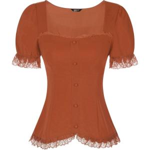 imageAllegra K Victorian Shirt for Womens Sweetheart Neck Puff Sleeve Halloween Lace Up Gothic BlouseCaramel