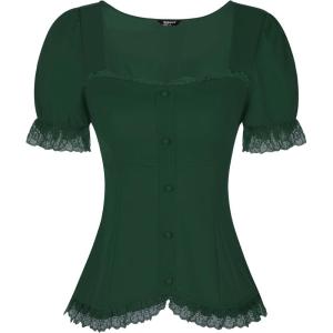 imageAllegra K Victorian Shirt for Womens Sweetheart Neck Puff Sleeve Halloween Lace Up Gothic BlouseDark Green