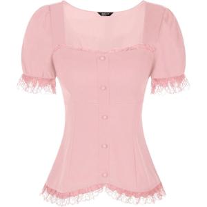 imageAllegra K Victorian Shirt for Womens Sweetheart Neck Puff Sleeve Halloween Lace Up Gothic BlouseGrey Pink