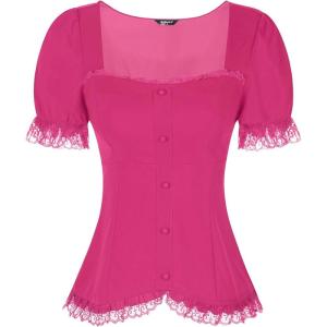 imageAllegra K Victorian Shirt for Womens Sweetheart Neck Puff Sleeve Halloween Lace Up Gothic BlouseHot Pink