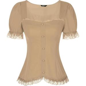 imageAllegra K Victorian Shirt for Womens Sweetheart Neck Puff Sleeve Halloween Lace Up Gothic BlouseKhaki