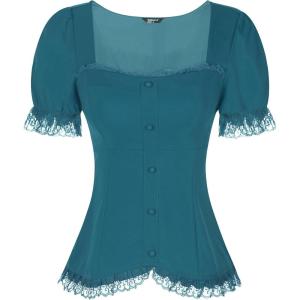 imageAllegra K Victorian Shirt for Womens Sweetheart Neck Puff Sleeve Halloween Lace Up Gothic BlousePeacock Blue