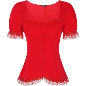 imageAllegra K Victorian Shirt for Womens Sweetheart Neck Puff Sleeve Halloween Lace Up Gothic BlouseRed