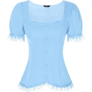 imageAllegra K Victorian Shirt for Womens Sweetheart Neck Puff Sleeve Halloween Lace Up Gothic BlouseSky Blue