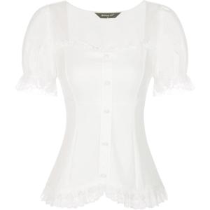 imageAllegra K Victorian Shirt for Womens Sweetheart Neck Puff Sleeve Halloween Lace Up Gothic BlouseWhite