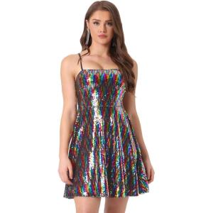 imageAllegra K Women Sequin Mini Dresses Party Club Adjustable Spaghetti Strap Festival Outfits Sparkly Disco DressRainbow