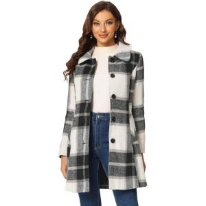 imageAllegra K Womens Buffalo Checks Shacket Button Down Peter Pan Collar Long Winter Plaid CoatBlack White
