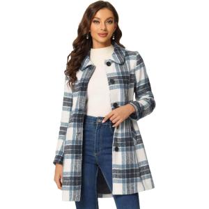 imageAllegra K Womens Buffalo Checks Shacket Button Down Peter Pan Collar Long Winter Plaid CoatBlue White