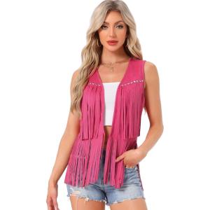 imageAllegra K Womens Fringe Vest Open Front Western 70s Outfits Faux Suede Tassel CardiganHot Pink