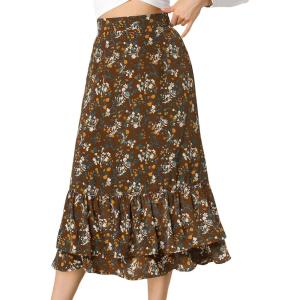 imageAllegra K Womens Printed Skirt 2025 Weekend Trendy Summer Chiffon Ruffle Tiered Flowy Midi SkirtsBrownfloral
