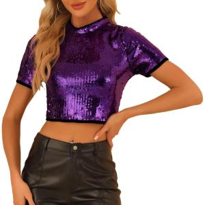 imageAllegra K Womens Sequin Crop Top Sparkle Glitter Short Sleeve Shinning T Shirt Club BlousePurple