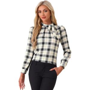 imageAllegra K Womens Tie Front Tops Long Sleeve Dressy Elegant Bow Neck ShirtBeige Black