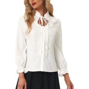imageAllegra K Womens Victorian Blouse Vintage Ruffled Long Sleeve Button Up Gothic Shirt TopWhite