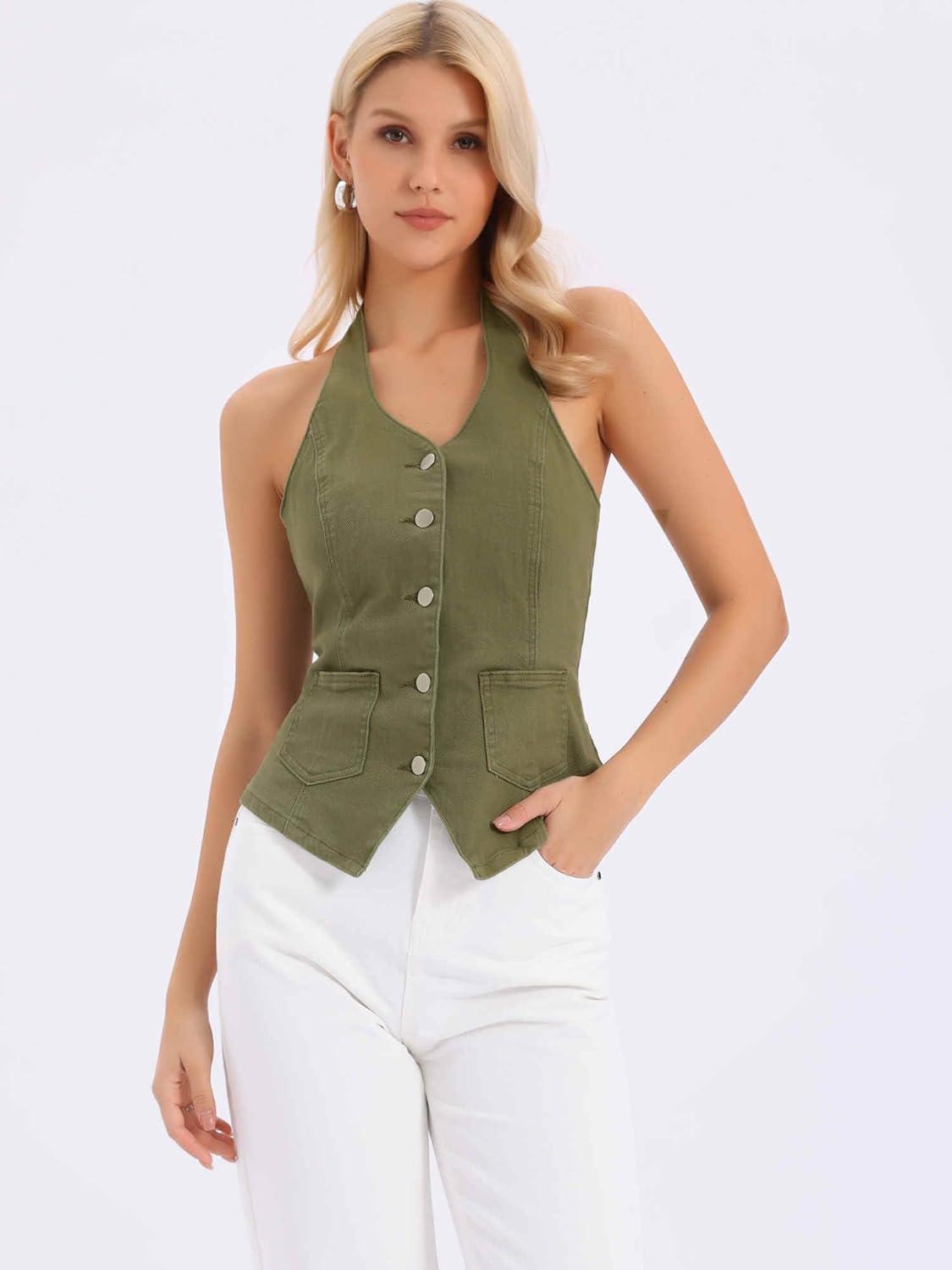 imageAllegra K Denim Vest for Womens Halter Neck Button Down Backless Jean WaistcoatArmy Green