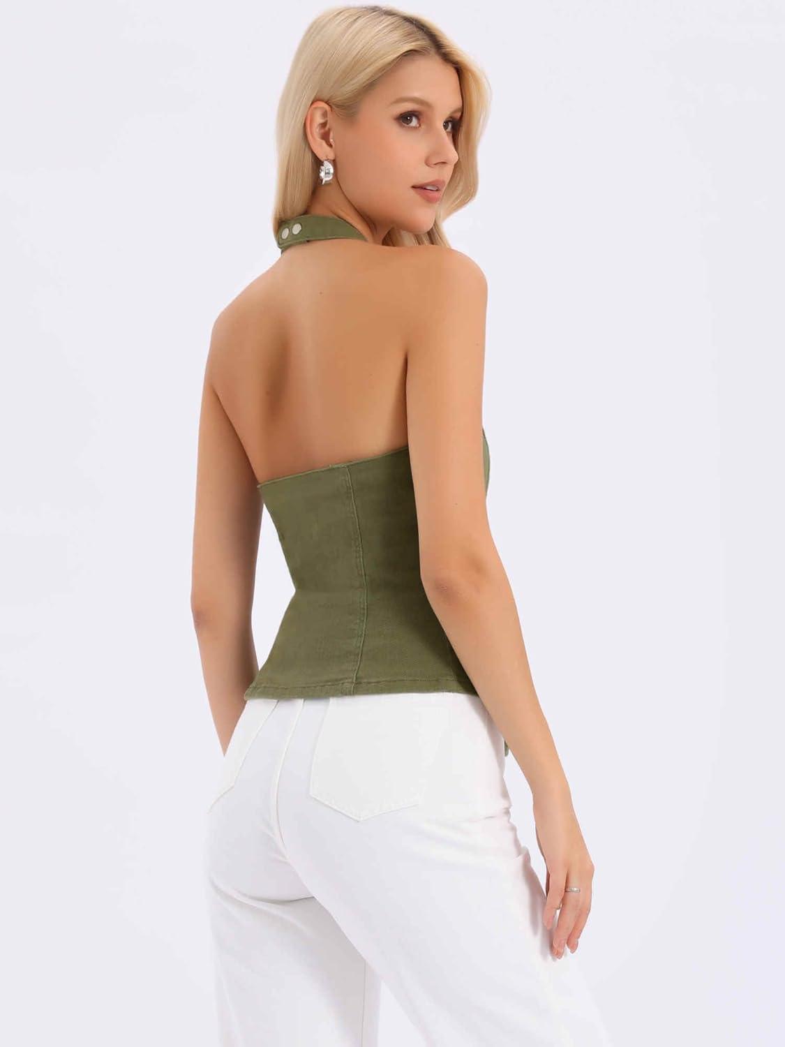 imageAllegra K Denim Vest for Womens Halter Neck Button Down Backless Jean WaistcoatArmy Green