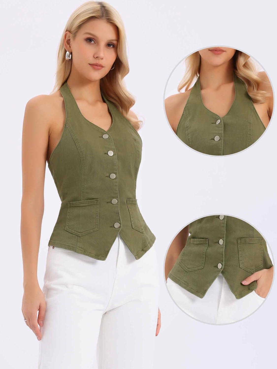 imageAllegra K Denim Vest for Womens Halter Neck Button Down Backless Jean WaistcoatArmy Green