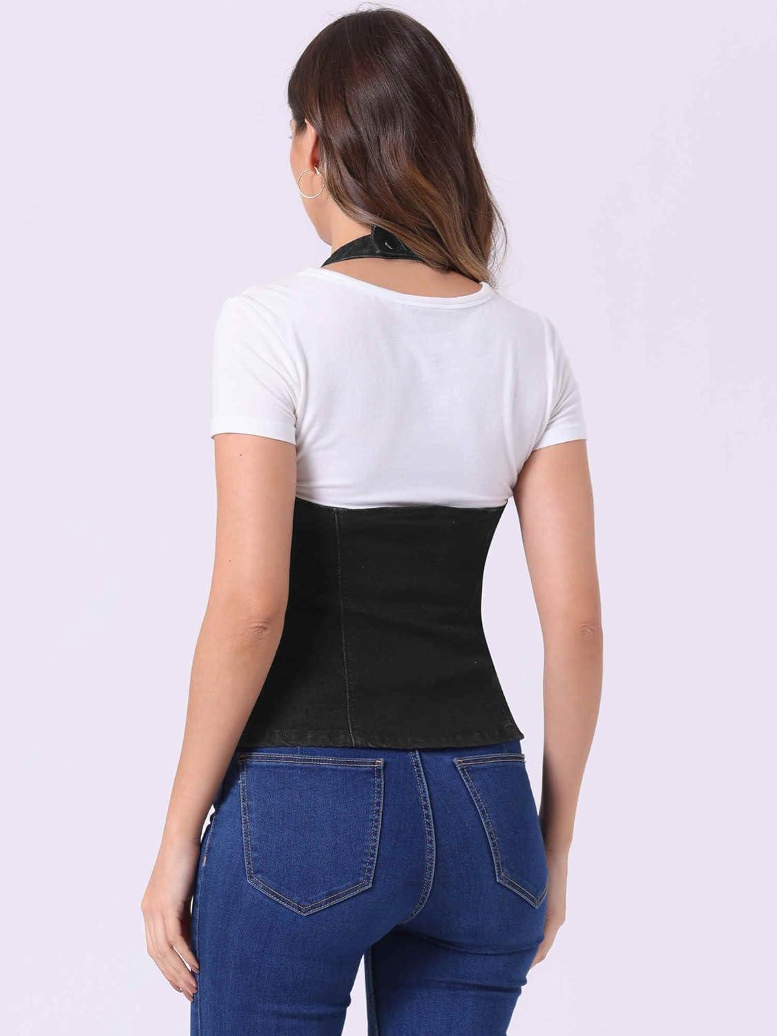 imageAllegra K Denim Vest for Womens Halter Neck Button Down Backless Jean WaistcoatBlack