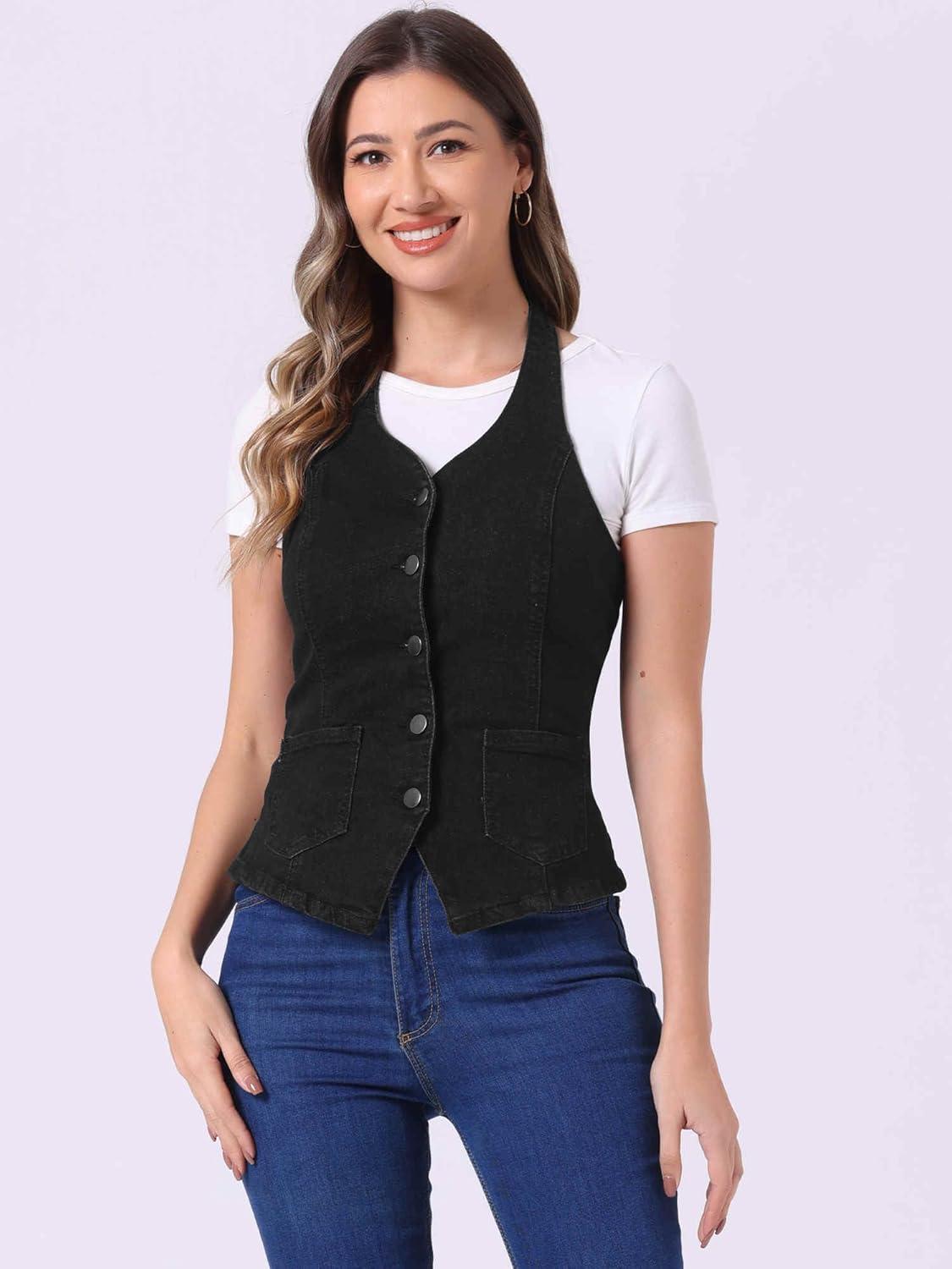 imageAllegra K Denim Vest for Womens Halter Neck Button Down Backless Jean WaistcoatBlack