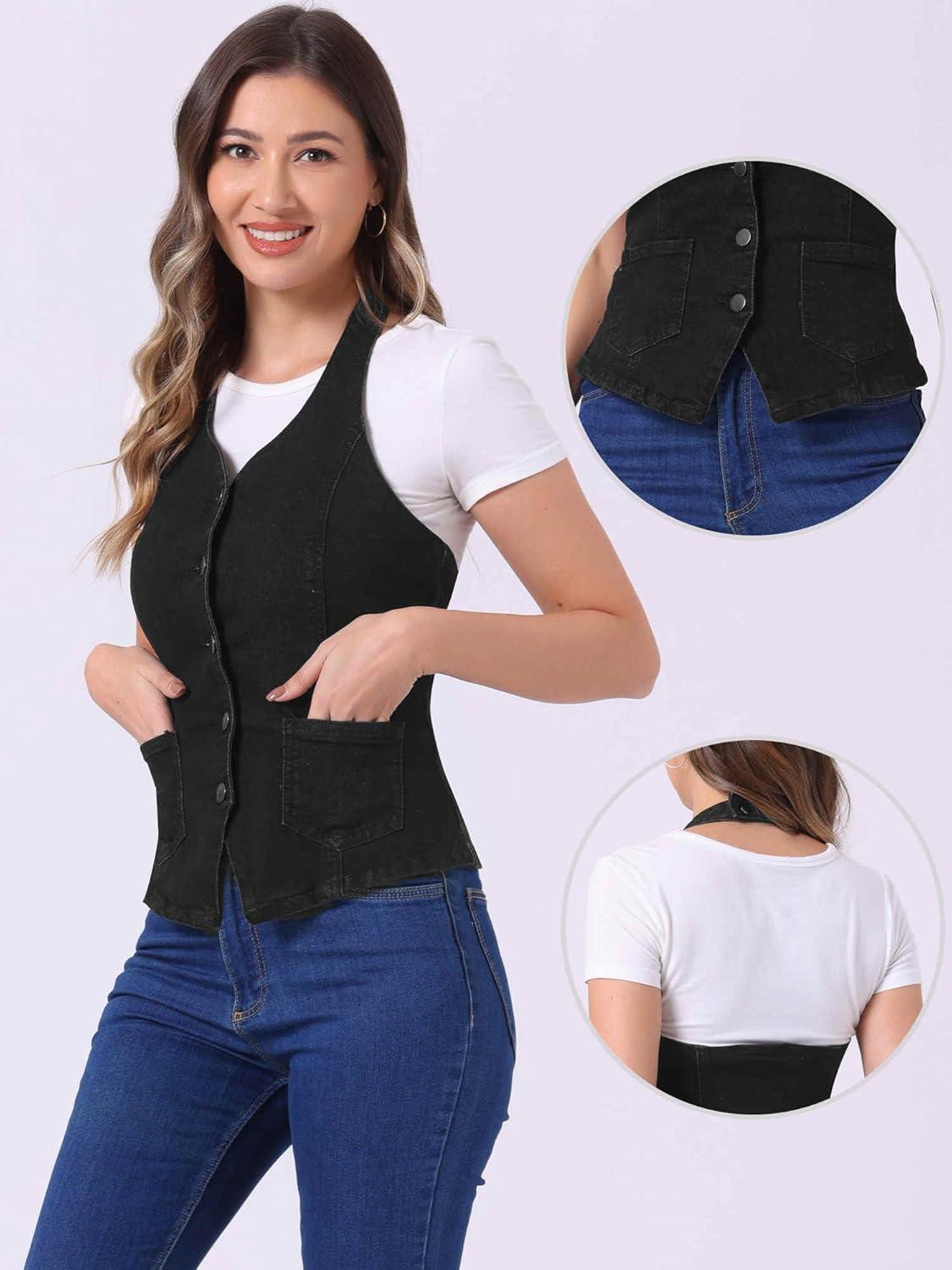 imageAllegra K Denim Vest for Womens Halter Neck Button Down Backless Jean WaistcoatBlack