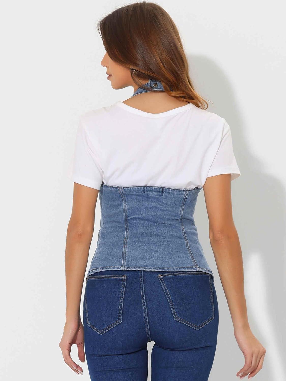 imageAllegra K Denim Vest for Womens Halter Neck Button Down Backless Jean WaistcoatBlue