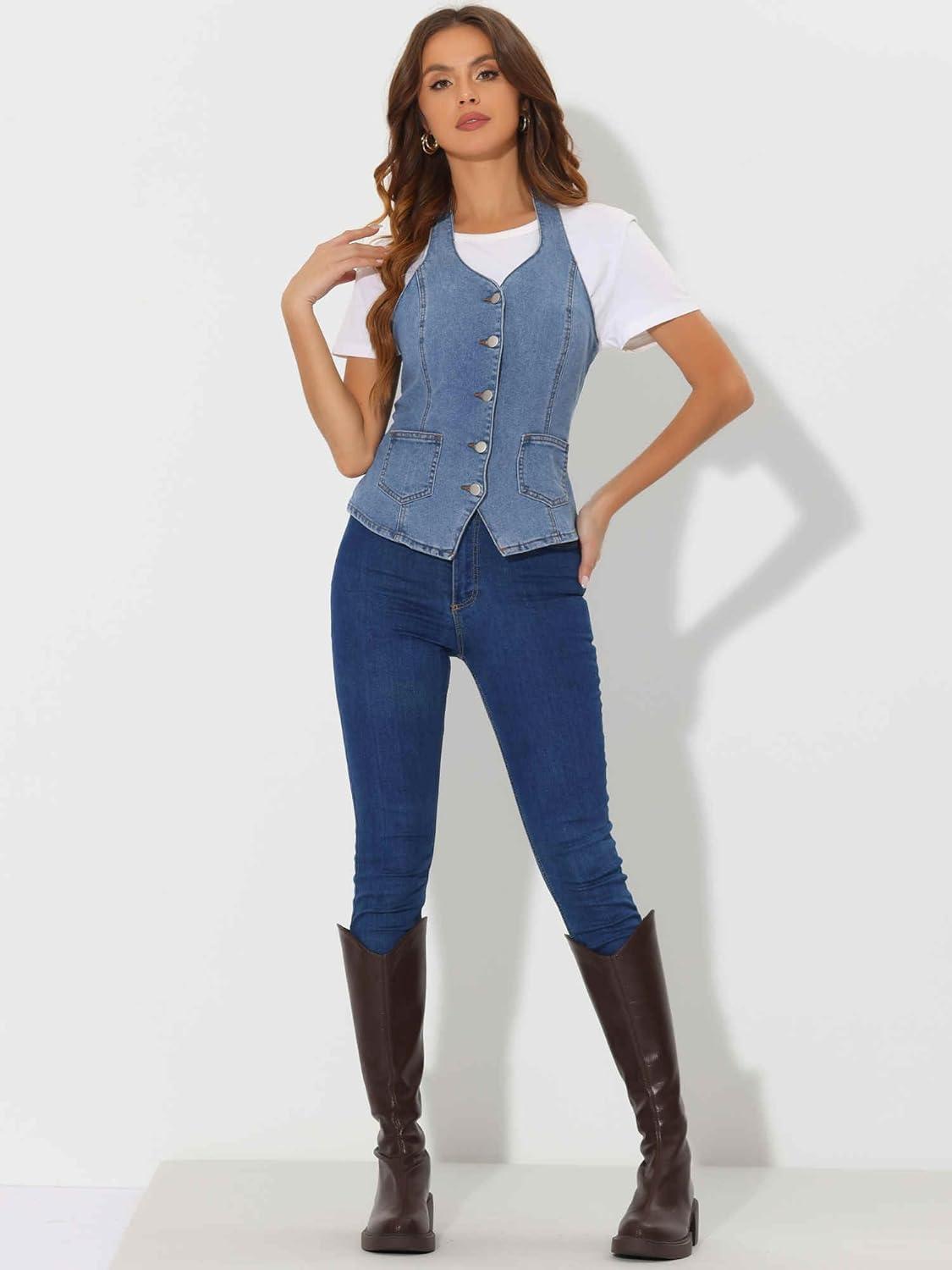 imageAllegra K Denim Vest for Womens Halter Neck Button Down Backless Jean WaistcoatBlue