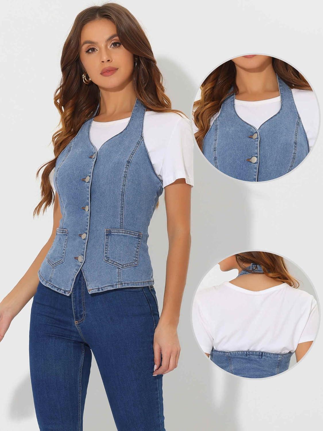 imageAllegra K Denim Vest for Womens Halter Neck Button Down Backless Jean WaistcoatBlue