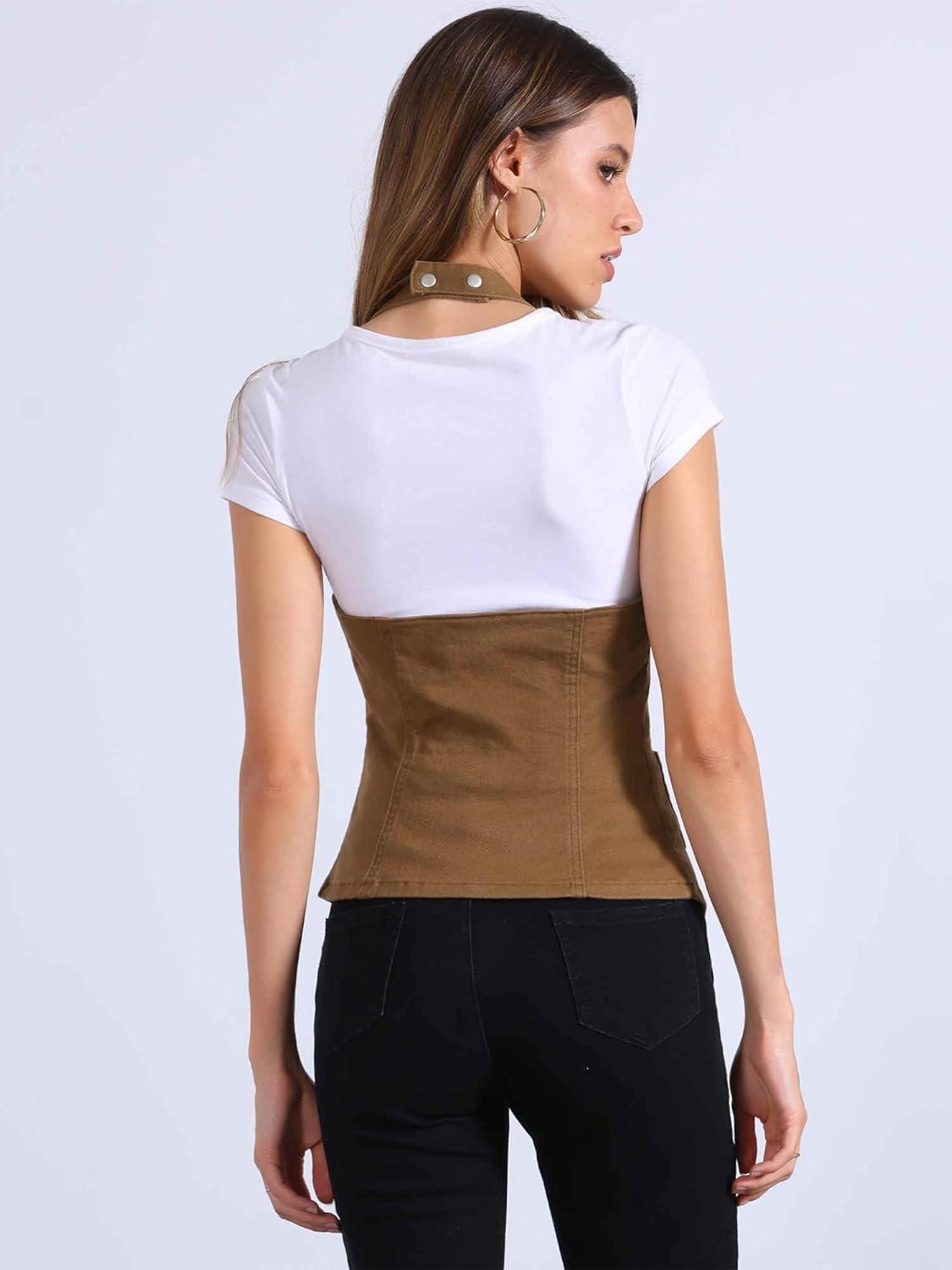 imageAllegra K Denim Vest for Womens Halter Neck Button Down Backless Jean WaistcoatBrown
