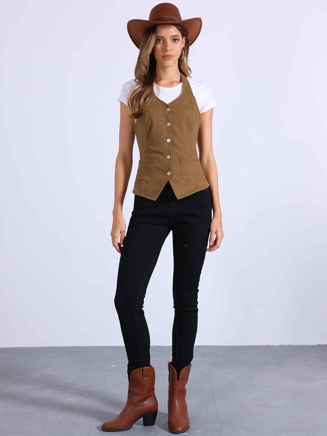imageAllegra K Denim Vest for Womens Halter Neck Button Down Backless Jean WaistcoatBrown