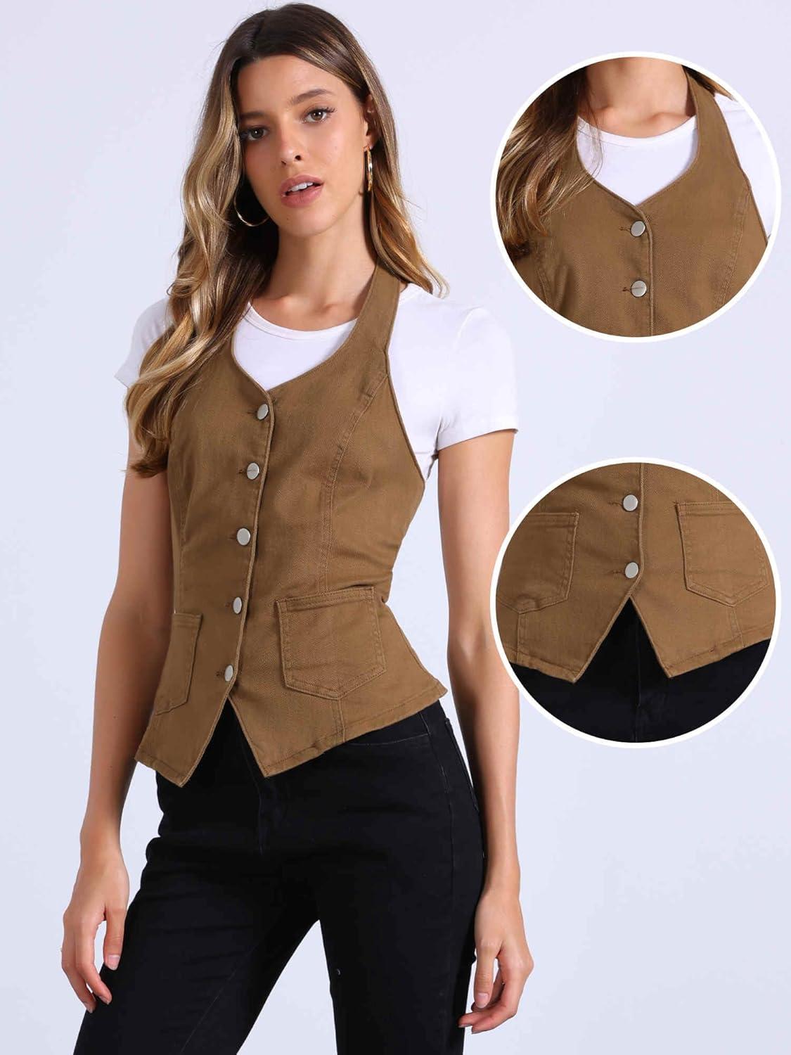 imageAllegra K Denim Vest for Womens Halter Neck Button Down Backless Jean WaistcoatBrown