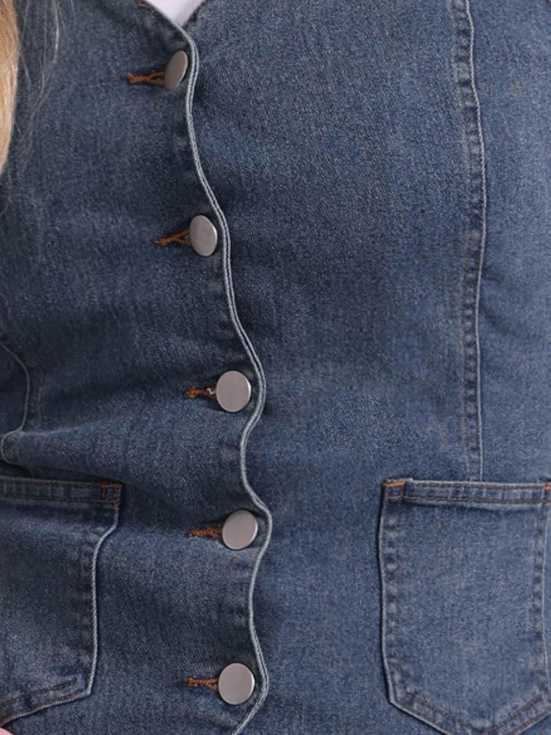 imageAllegra K Denim Vest for Womens Halter Neck Button Down Backless Jean WaistcoatGray Blue