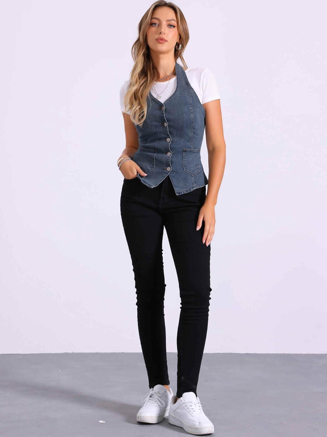 imageAllegra K Denim Vest for Womens Halter Neck Button Down Backless Jean WaistcoatGray Blue