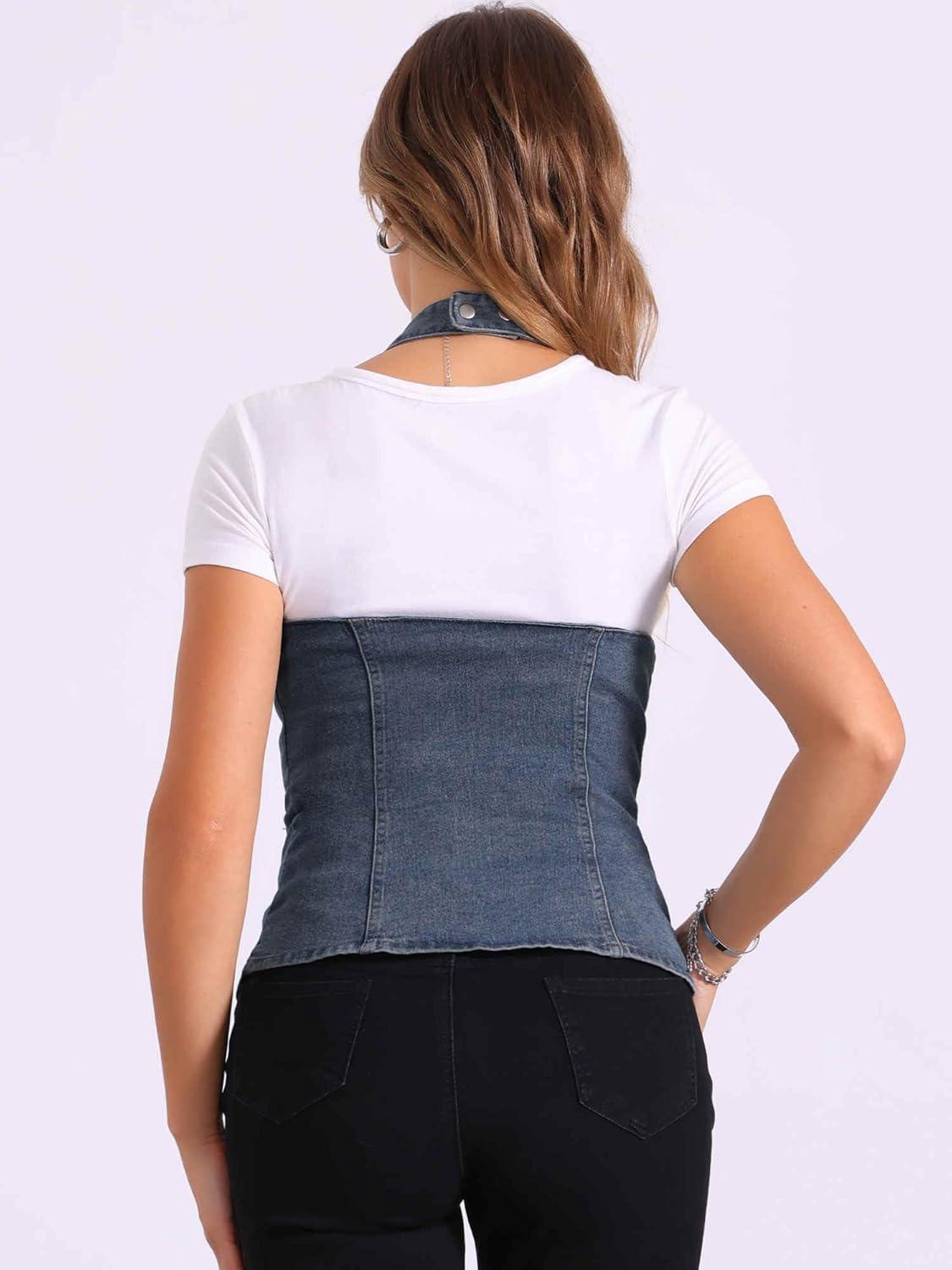 imageAllegra K Denim Vest for Womens Halter Neck Button Down Backless Jean WaistcoatGray Blue