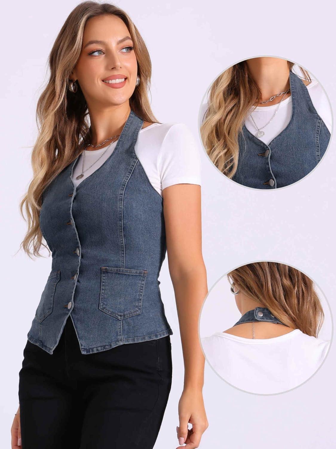 imageAllegra K Denim Vest for Womens Halter Neck Button Down Backless Jean WaistcoatGray Blue
