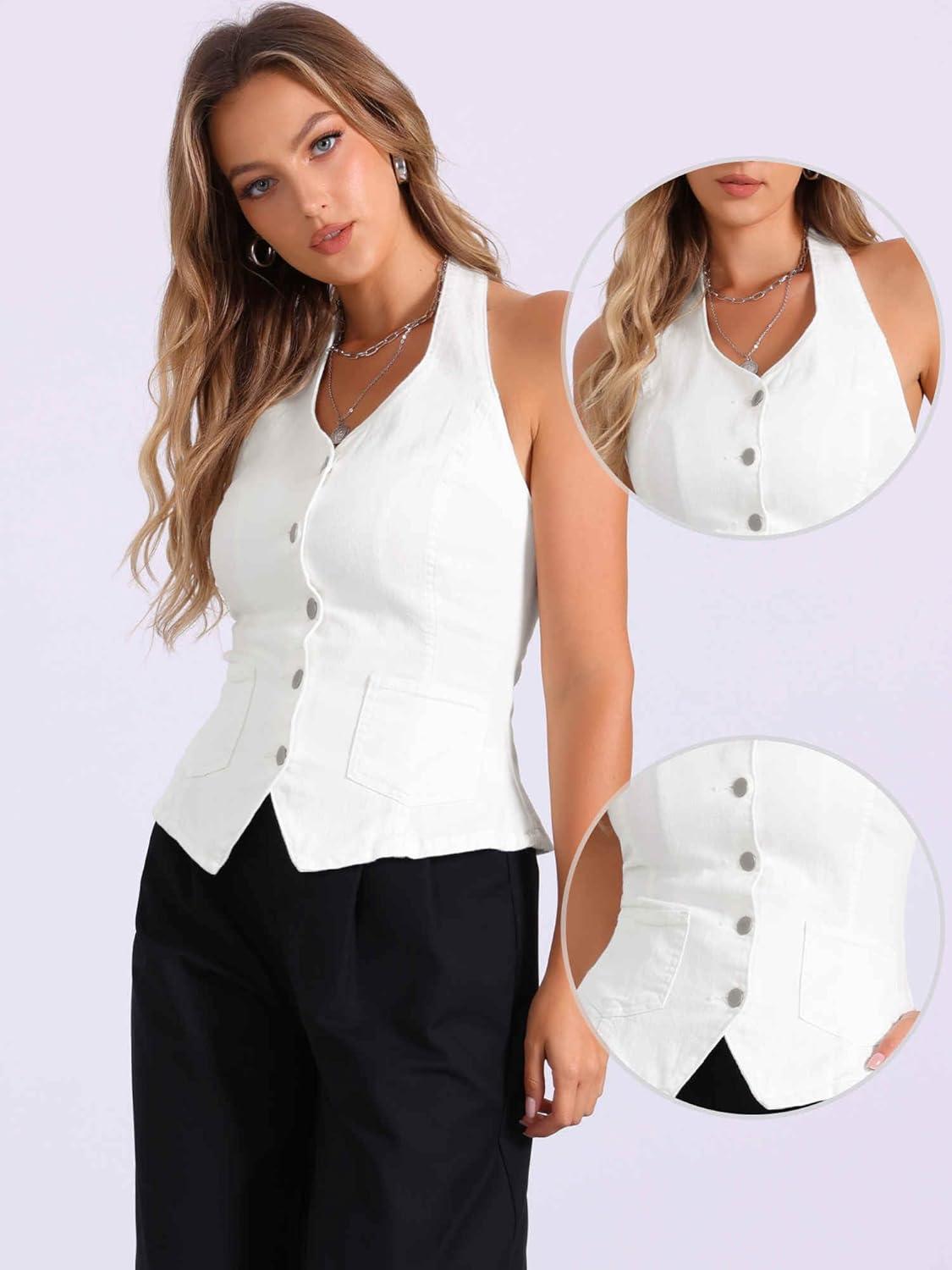 imageAllegra K Denim Vest for Womens Halter Neck Button Down Backless Jean WaistcoatWhite
