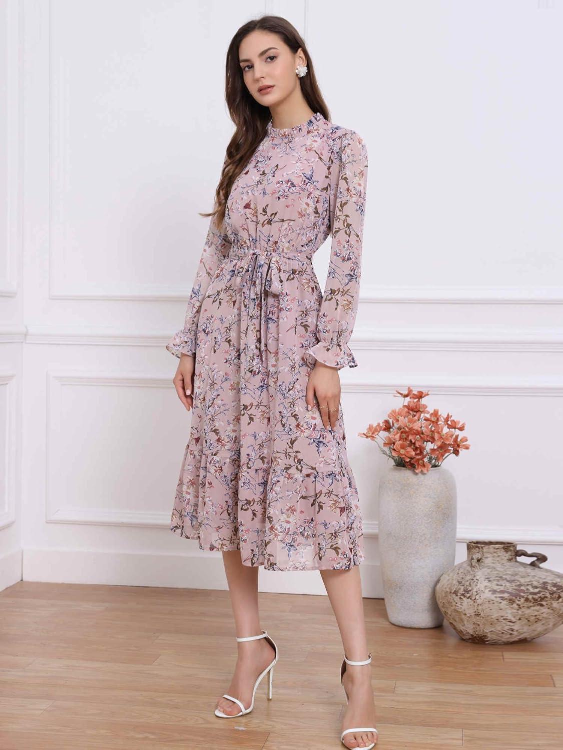 imageAllegra K Fall Casual Floral Dress for Women 2025 Long Sleeve Crew Neck Chiffon Midi Tea Party Ruffle DressesPink