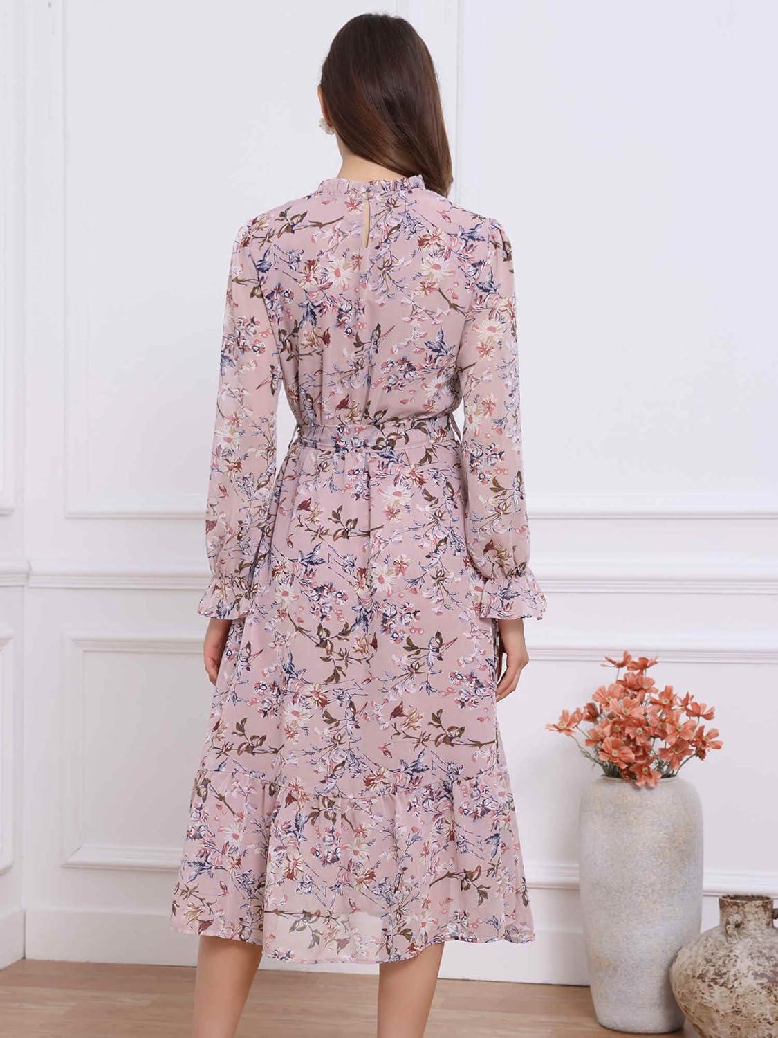imageAllegra K Fall Casual Floral Dress for Women 2025 Long Sleeve Crew Neck Chiffon Midi Tea Party Ruffle DressesPink