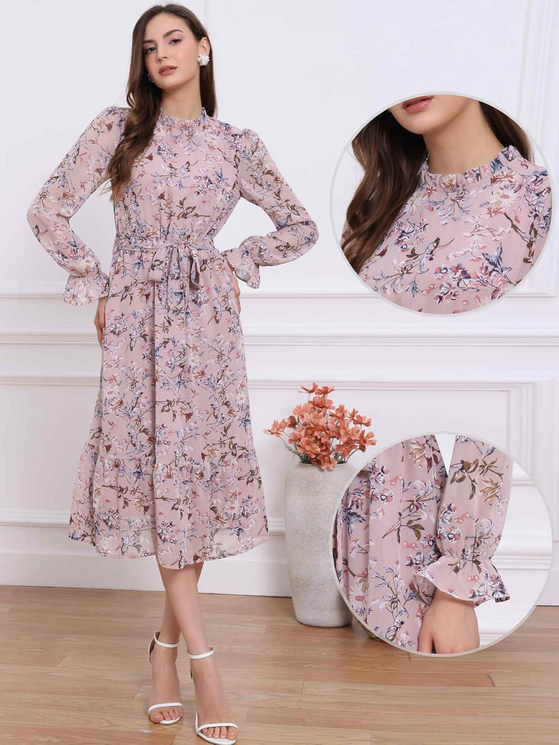 imageAllegra K Fall Casual Floral Dress for Women 2025 Long Sleeve Crew Neck Chiffon Midi Tea Party Ruffle DressesPink