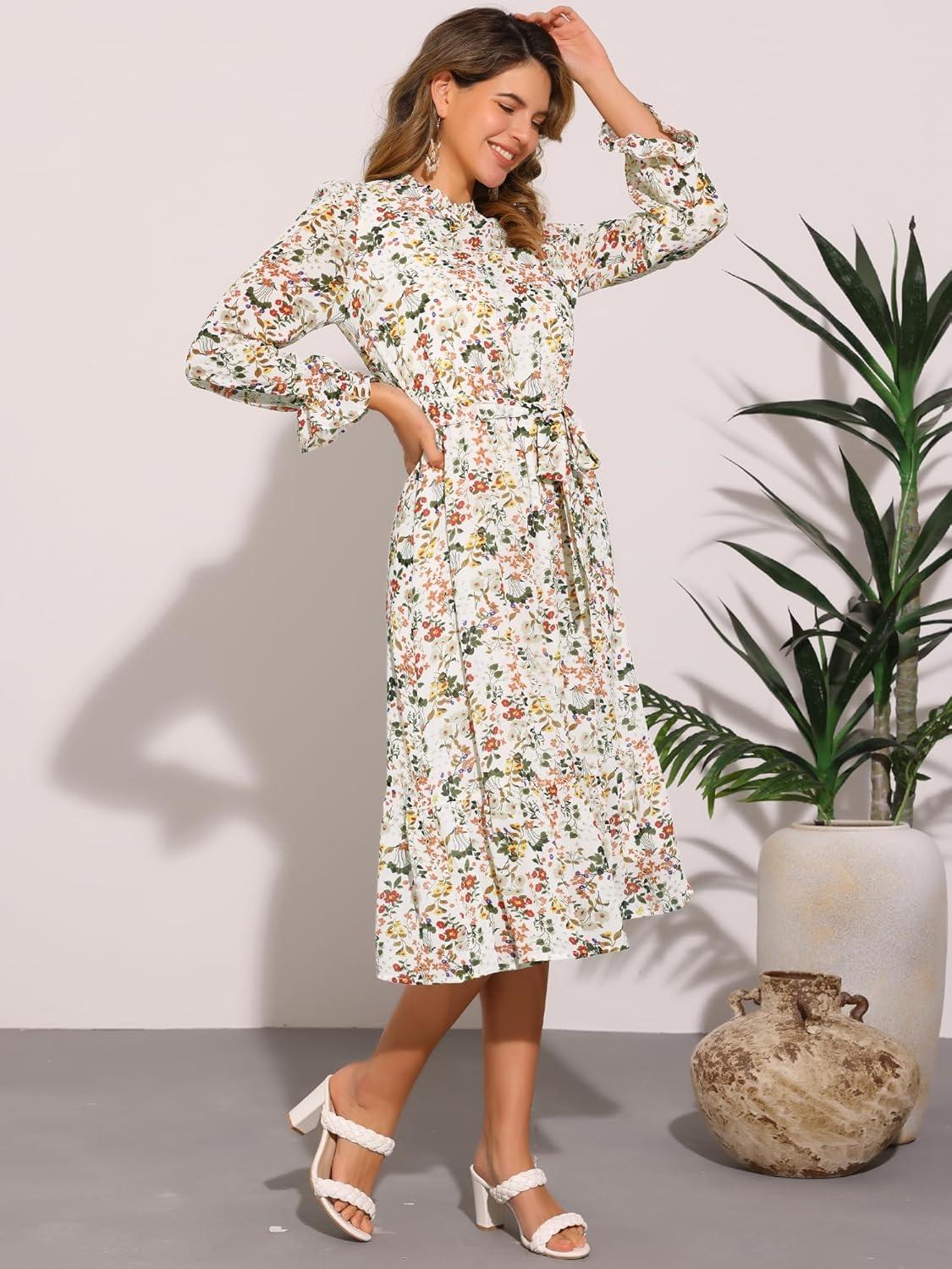imageAllegra K Fall Casual Floral Dress for Women 2025 Long Sleeve Crew Neck Chiffon Midi Tea Party Ruffle DressesWhite