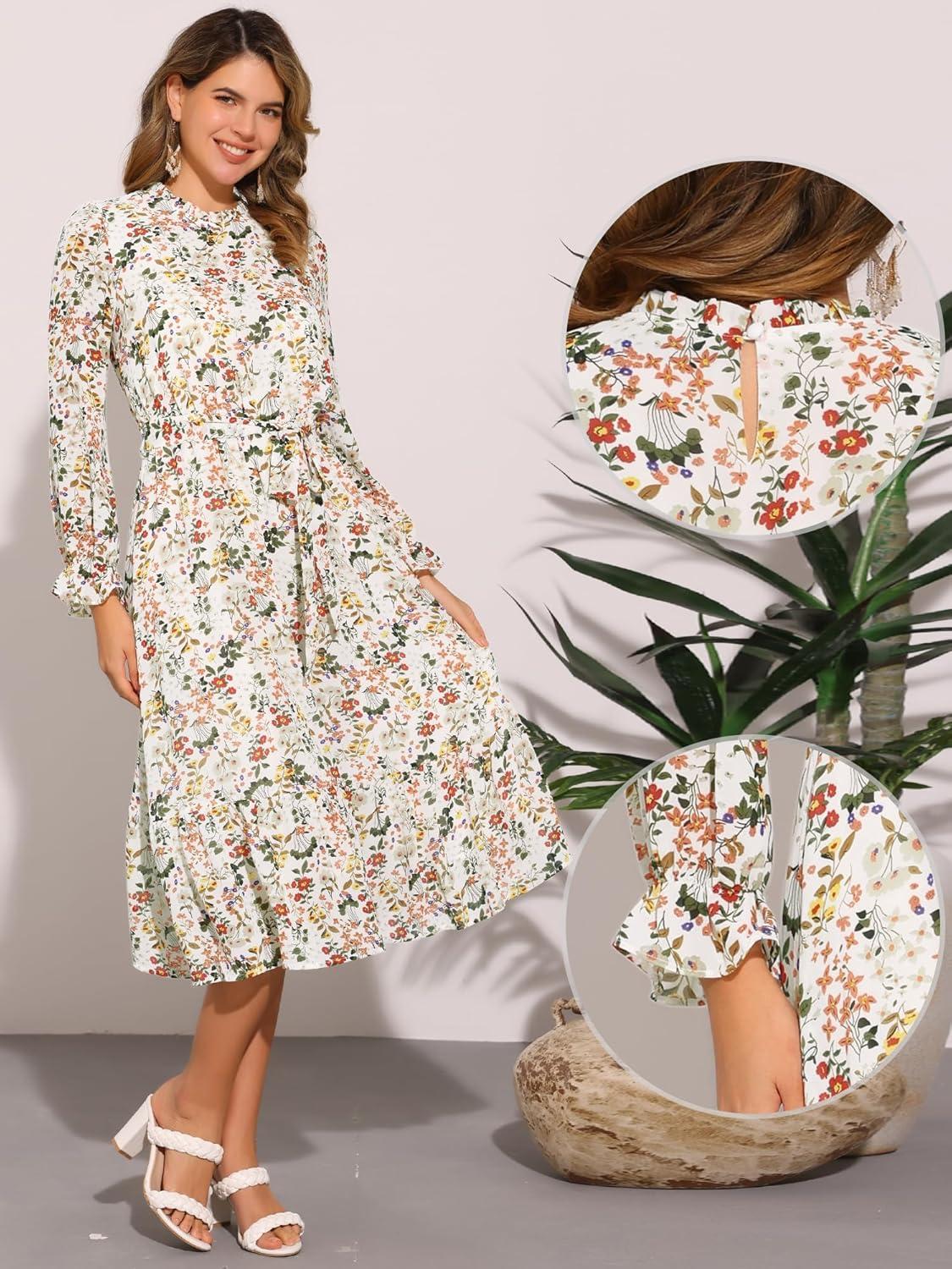 imageAllegra K Fall Casual Floral Dress for Women 2025 Long Sleeve Crew Neck Chiffon Midi Tea Party Ruffle DressesWhite