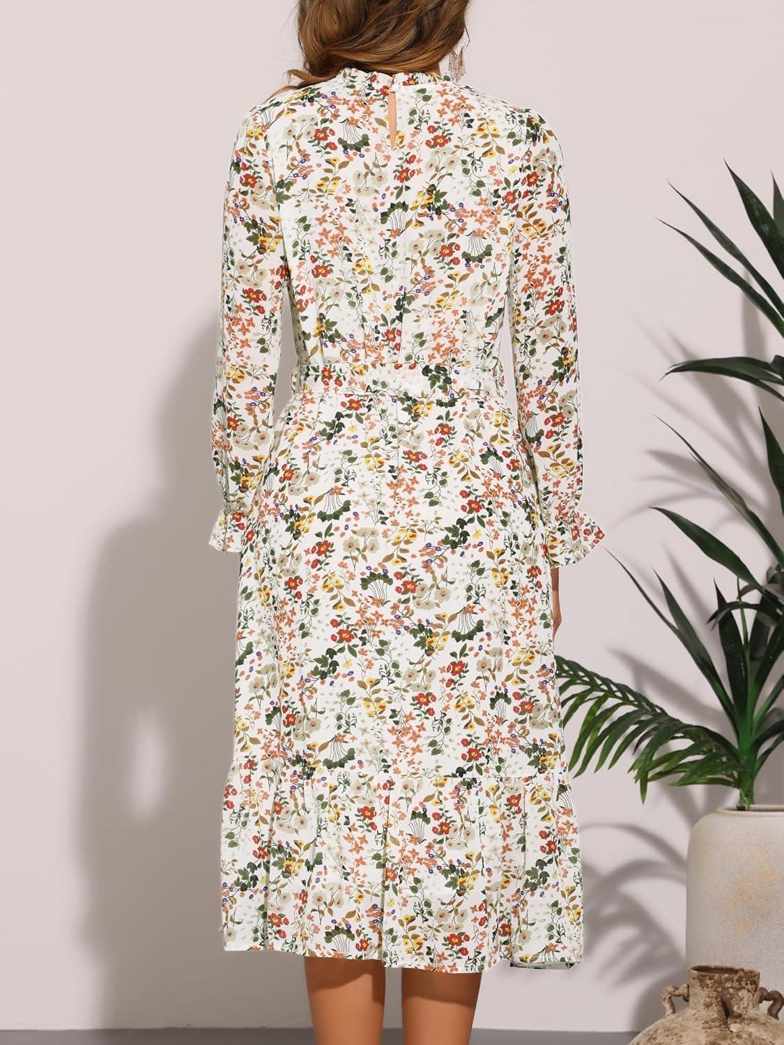imageAllegra K Fall Casual Floral Dress for Women 2025 Long Sleeve Crew Neck Chiffon Midi Tea Party Ruffle DressesWhite