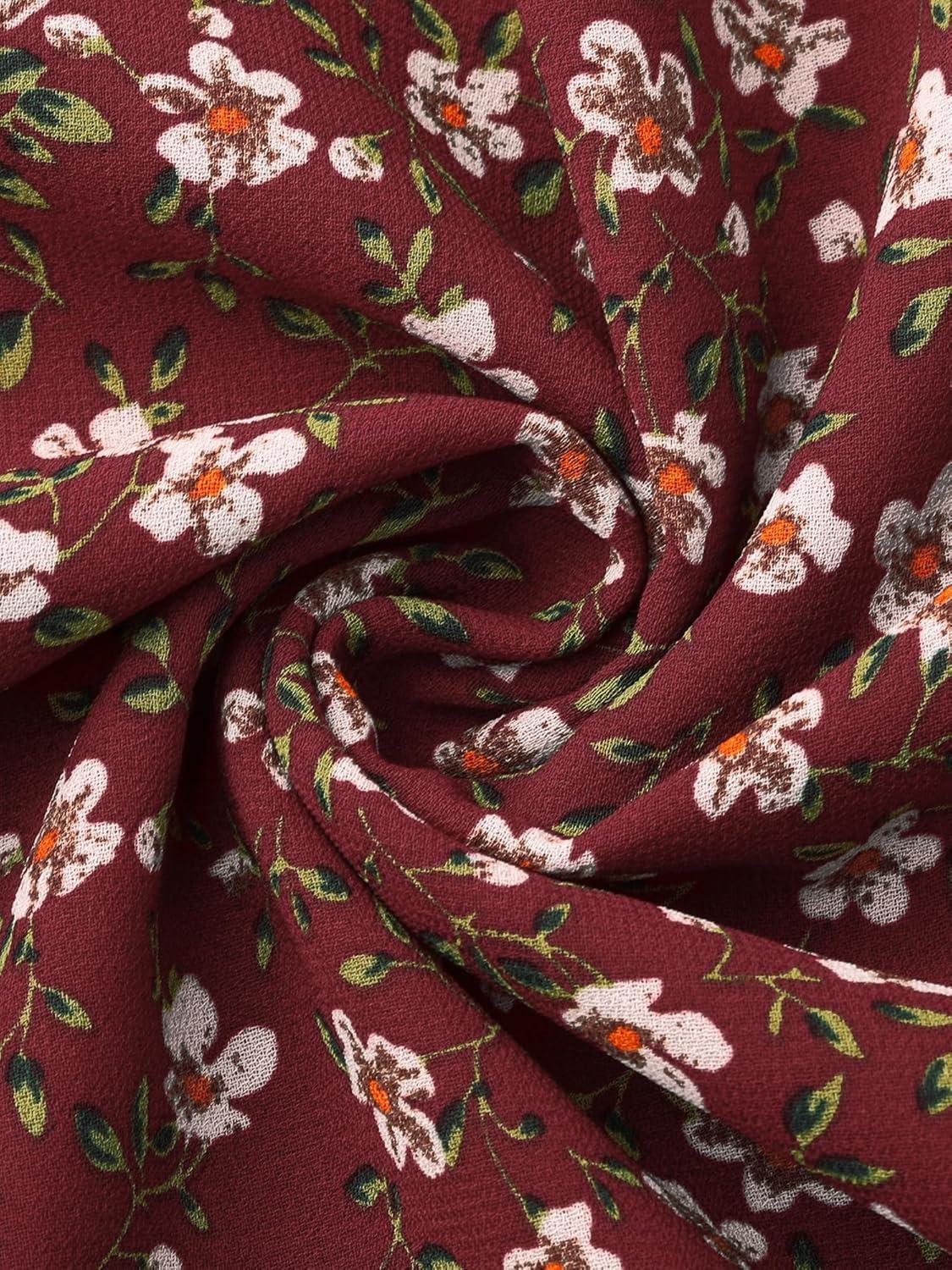 imageAllegra K Fall Casual Floral Dress for Women 2025 Long Sleeve Crew Neck Chiffon Midi Tea Party Ruffle DressesWine Red